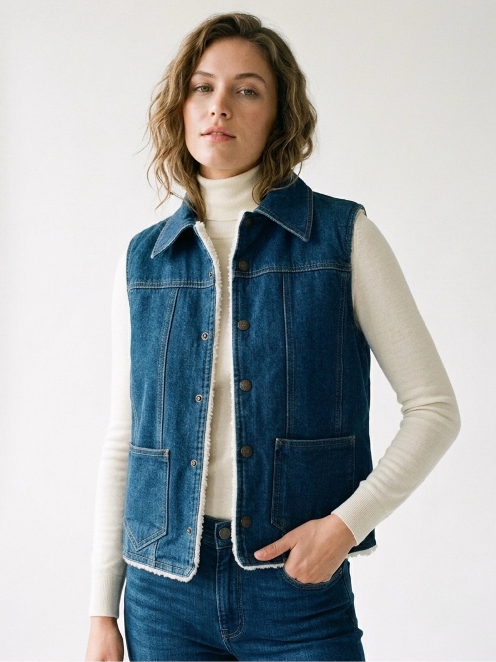 Vintage Sherpa Snap Button Denim Vest Size Small Blue Jean Western 80s